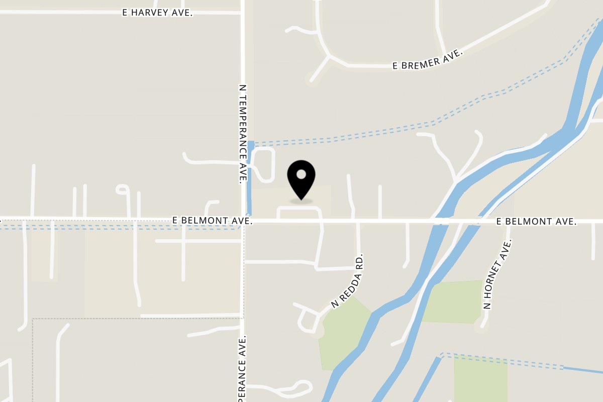 Map showing the location of Malee's Kitchen on 7064 E Belmont Ave B in Fresno